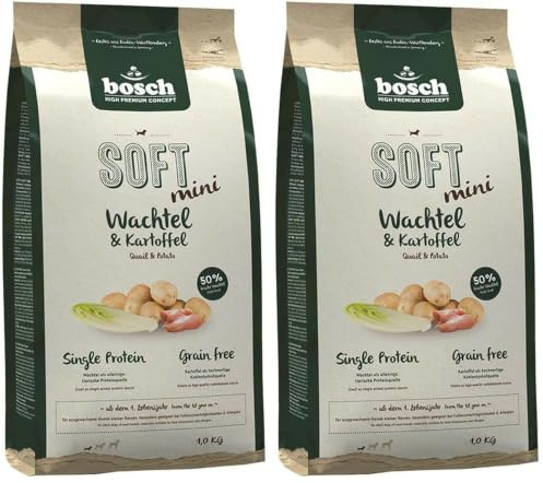 Bosch HPC Soft Mini Wachtel & Kartoffel | halbfeuchtes Hundefutter für ausgewachsene Hunde Kleiner Rassen | Single Protein | Grain-Free | 1 x 1 kg (Packung mit 2)
