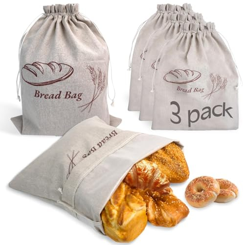Reusable Linen Bread Bags for Homemade Bread Sourdough With TPU Lining,Unbleached Plastic Lined Breads Bag to Keep Fresh,3 Pcs 33 x 45 Cm, Cloth Saver Bag For Storage Linen with Drawstring Closure