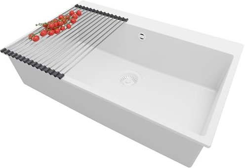 PRIMAGRAN Fregadero Cocina Todo Blanco 78x50cm, Granito 1 Seno + Sifón + Enrollable Escurridor, Sobre encimera al mueble 80cm - Riga