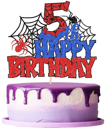 Xsstarmi 1 Pack Happy 5th Birthday Cake Topper Red Blue Glitter Black Spider Web Superhero Theme Cake Pick for Boys Girls 5th Birthday Anniversary Celebration Party Cake Decorations