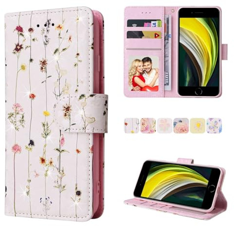 Skyhewen for iPhone SE 2022/2020 Case,iPhone 7/8 Case, RFID Blocking PU Leather Case with Glitter Gold Edges Flowers, Shockproof Wallet Flip Cover with Kickstand Magnetic Closure Card Holder, Vine