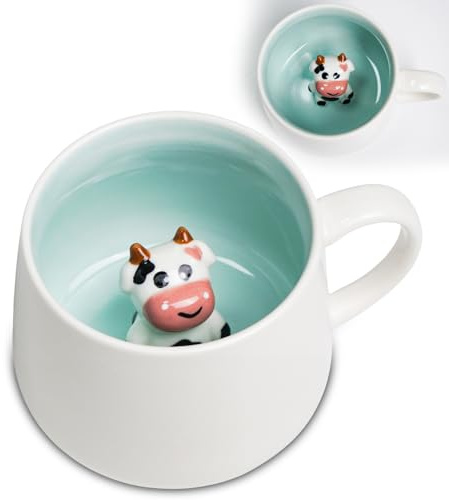 ZONSUSE Tasse Vache Mignonne, avec Couvercle et Cuillère, Mug Céramique 3D Animal à l’Intérieur, Tasse Drôle pour Café Thé Lait, Cadeau Personnalisés pour Femme Homme Enfant, 350ml (3D Vache)