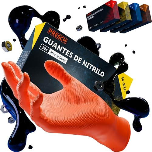 PRESCH Heavy Duty Einweghandschuhe Orange 50 Stk. (XXL - 11) - Nitrilhandschuhe mit Diamantenstruktur für stärksten Grip - Extra dick & reißfest - Einmalhandschuhe latexfrei & puderfrei