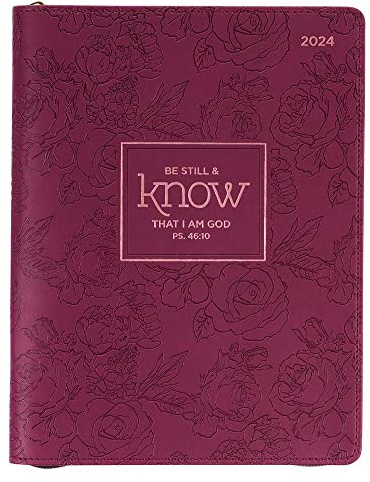 Christian Art Gifts 2024 – 18 Monate Damen-Planer aus veganem Leder mit Reißverschluss: Be Still & Know – Psalm 46:10 inspirierender Bibelvers für tägliche, wöchentliche, monatliche Planung von