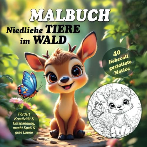 Malbuch - Niedliche Tiere im Wald: Fördert Kreativität & Entspannung, macht Spaß & gute Laune. 40 liebevoll gestaltete Motive von fröhlichen Tierkindern. Ab 7 Jahren, auch für Teenager