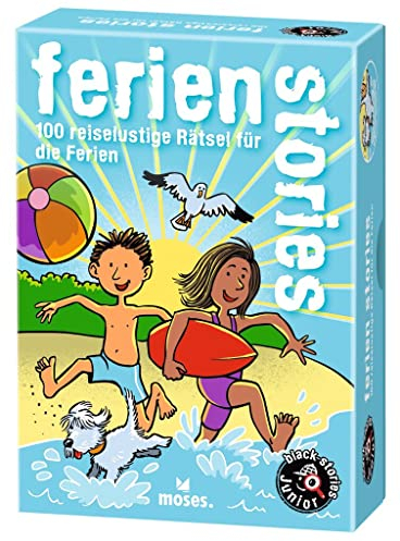 moses 9783964552617 Black Junior-Ferien Stories, Doppelter Rätselspaß Karten, Kartenspiel für Kinder ab 8 Jahren, 100 reiselustige Rätsel für die Ferienzeit, M