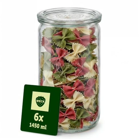 Weck Gläser 1450ml – 6er Set mit Deckeln – Zylinderform – robuste, stapelbare Vorratsgläser & Einweckgläser - Glasbehälter ideal für Meal Prep, Sauerteig & Fermentieren – Made in Germany