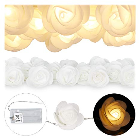 Relaxdays Rosen Lichterkette, 20er LED Lichterkette Batterie, Hochzeit, Verlobung & Valentinstag, warmweiß, Deko, weiß, 4 x 5 x 330 cm