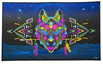 PSYWORK Schwarzlicht Stoffposter Neon | Sentymo Wolf | 0,5 x 0,82m | UV-aktiv | fluoreszierend | Wandbehang Stoffbanner Poster Wandbild Kunstdruck Dekobild Dekoration Wandteppich