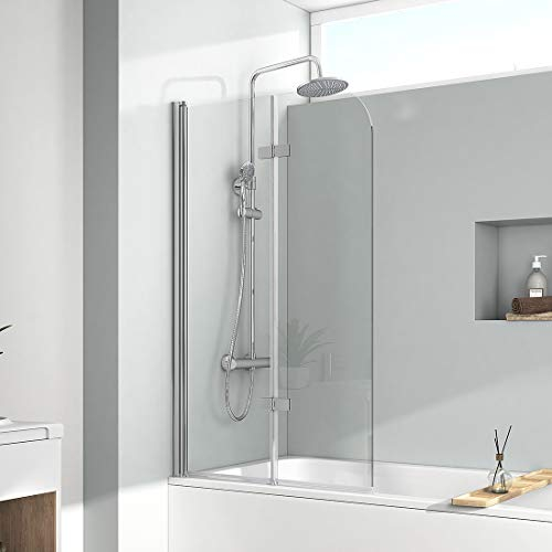 EMKE Paroi de douche pour baignoire, paroi de douche, pliable, 2 pièces, en verre renforcé de 6 mm, 100 x 140 cm