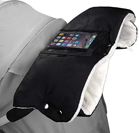 Kinderwagen Handwärmer Wasserdicht und Winddicht Handschuhe Handmuff mit Handytasche, Universalgröße Handabdeckung für Kinderwagen,Buggy, Radanhänger (Schwarz)