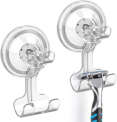 Luxear Rasiererhalter 2 Pack Saugnapf Haken Bad ohne Bohren Stark Doppelhaken Wasserdicht Wiederverwendbar Vakumm Wandhaken für Rasierer Dusche Fliese Badezimmer Küche Glas Wand, Transparent, bis 5 KG
