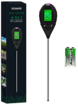 SONKIR Boden-pH-Meter, 4-in-1-Bodenfeuchtigkeits-/Licht-/pH-/Temperaturprüfer Garten-Werkzeugsätze für die Pflanzenpflege, idealer Bodenmesser für Garten, Rasen, Batterie Enthalten (Schwarz)
