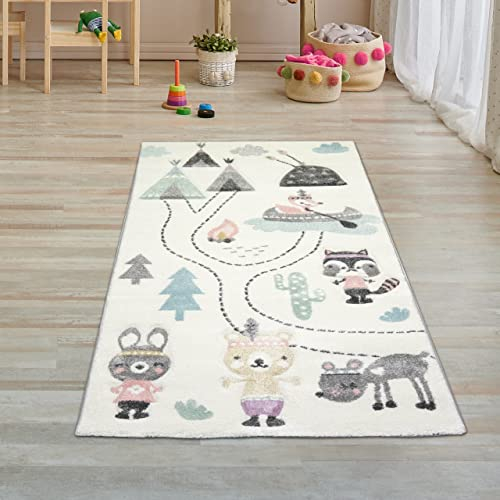 Teppich-Traum Kinderzimmer Teppich Spielteppich Bären Indianer Zelt Kaktus Kanu Tannen Creme grau grün, Größe 80x150 cm