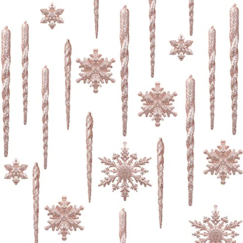72 Stücke Acryl Eiszapfen Weihnachten Schneeflocke Eiszapfen Ornamente Hängende Eiszapfen Tropfen Ornamente Schneeflocke Eiszapfen Dekorationen Set für Weihnachtsbaum Dekoration (Rose Gold)