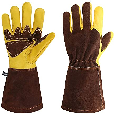 OLSON DEEPAK Schweißhandschuhe Grillhandschuhe aus Leder, hitzehandschuh und Feuerfeste Handschuhe für Kamin, Ofen, Herd, Tig, allgemeine Arbeitshandschuhe (13.5 Zoll, Gelbes und braunes)
