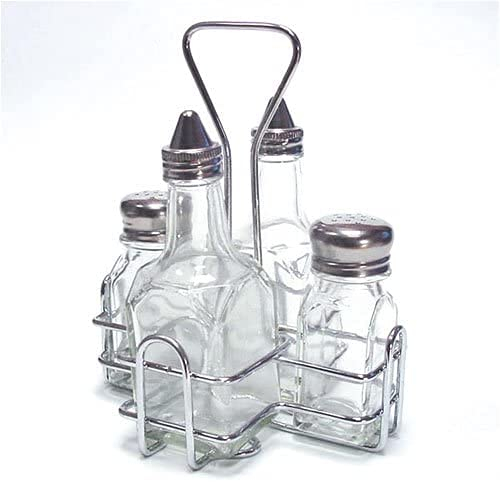 Acense Condiment Set [4 Pieces], Salt-Pepper/Oil-Vinegar Set, Stainless Steel Tops, Square Bottles, Chrome Plated Rack, Multi-Purpose: [Restaurants, Cafes, Household, Hotels], Anti-Oxidation Drips