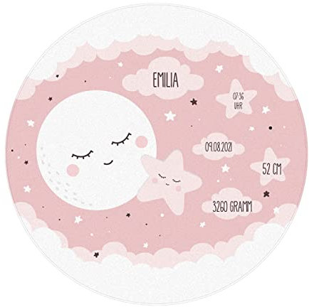 Herz & Heim® Personalisierter Spielteppich zur Geburt, rund, 150 cm Mond und Sterne Rosa