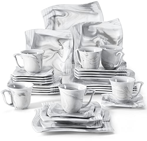 MALACASA Ensemble de vaisselle effet marbre avec assiettes plates, assiettes à dessert et assiettes creuses, tasses et soucoupes pour 6 personnes (30 pièces), collection Amparo