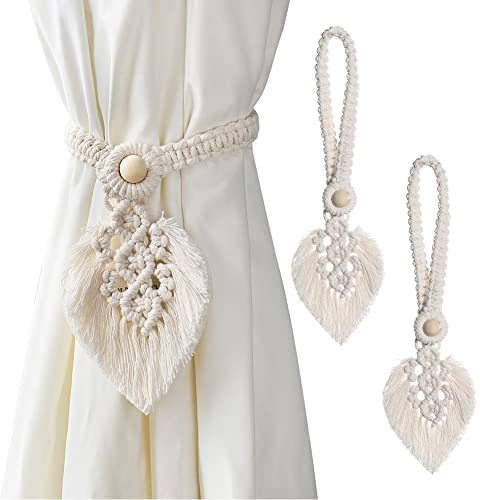 2 Stück Raffhalter Boho Vorhanghalter, Blätter Baumwolle Makramee Gardinenhalter, Gardinenhalter Vorhang Clips Feder Gardinenklammern für Vorhänge Gardinen Deko