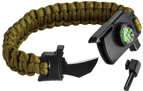 NEO TOOLS 5-in-1-Überlebensarmband, Survival-Armband, enthält Paracord, Zunder, Kompass, Messer und Pfeife. 3,5 m Seil, Seilstärke 250 kg, Armbandbreite 26 mm, Umfang 240 mm, Zunder 5 x 20 mm, grün
