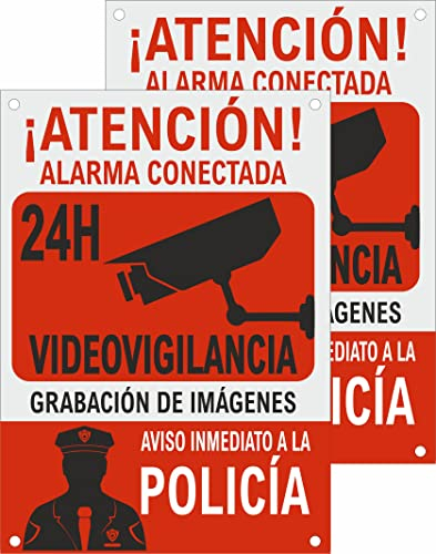Cartel Videovigilancia Alarma Conectada - Placa Alarma - Aviso a la Policía - Medidas A4 21x30cm - PVC Rígido 0.7mm - Tintas y Material Resistentes - Para Interior como Exterior - Zona Videovigilada