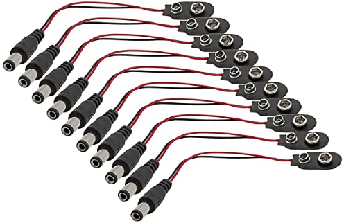 Hailege 10pcs 9V Batterieklemmen 9 Volt I-Typ Snap-on Leder Batterieschnalle Steckverbinder mit DC 5,5x2,1mm Stecker (I-Typ mit DC Stecker)