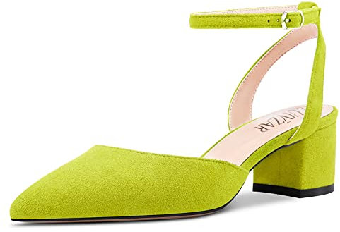 HEUIVZAR Mujer Dress Zapatos Sandalias Puntiaguada Punta Bajos Heel Pumps Ante Ancho Chunky Heel de Boda Verde Lima 5 CM 40 EU