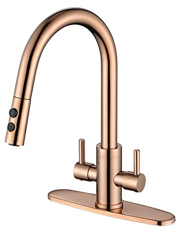 PAKING PB1048 Robinet d'évier de cuisine, robinet d'évier à 2 poignées, robinet, robinet de cuisine à tirer vers le bas, robinet avec pulvérisateur, robinet de bar, acier inoxydable, cuivre or rose,