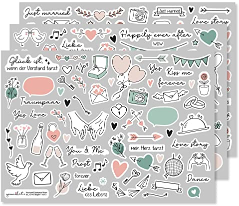 Aufkleber-Set für Hochzeit Eukalyptus I über 200 Sticker I Fotoalbum Gästebuch Dekoration Scrapbook-Sticker mit schönen Motiven und Sprüchen in Deutsch Englisch rosa grün I dv1214