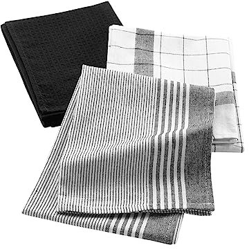 Douceur d'Intérieur, 3 Torchons (50 x 70 Cm) Vibrato Noir, Coton Tissé