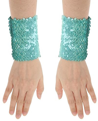 MSemis 1 Paar Damen Glänzende Pailletten Handschuhe kurz Fingerlose Armstulpen Abnehmbarer Wrist Stulpen Stretchy Manschetten Performance Cosplay Kostüm Helles Bule Einheitsgröße