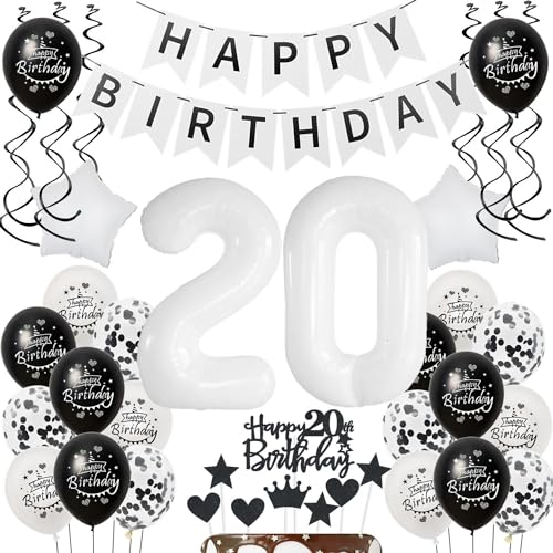 Deko 20.Geburtstag Frau Mann Tortendeko 20 Geburtstag Frauen Deko Geschenk für 20. Geburtstag Frauen Schwarz weiß Geburtstagsdeko 20 jahre Mann Frauen luftballon 20 Geburtstag Frau dekoration