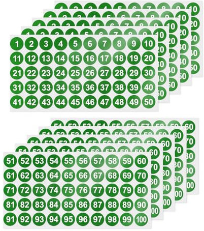 YIKIADA 500 Stück 1-100 Nummer Aufkleber 25 mm Vinyl Wasserdicht Zahlen Klebepunkte Selbstklebende Etiketten für Büro Heim Schließfach Grün