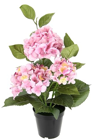 Flair Flower Künstliche Hortensie im Topf Kunstblumen Blume Hortensienbusch künstlich Pflanze Balkonpflanze Busch Kunstpflanze Kunstblume Deko Terrassendeko Topfpflanze Hochzeit Dekoblume, rosa