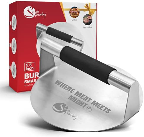 Simple preading Extra-Wide Stainless Steel Burger Press - 5.5' Inch Smasher One Cast for Griddle, Grill & Flat Top. Kitchen & BBQ Tool. Anti-Scald Handle