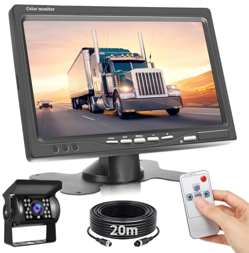 Hikity Cámara Trasera para Vehículo, Monitor de 7 y IP68 Camara Coche Marcha Atras Impermeable, 18 LED, IR, Visión Nocturna, Cable de 20 m, Ajuste Gran Angular, 12-24V