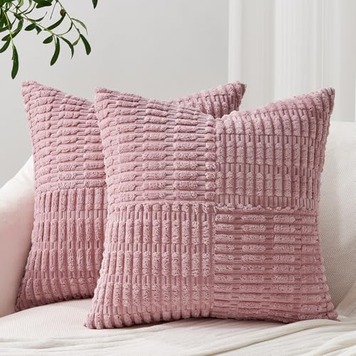 Topfinel Kordsamt Kissenbezug 40x40 Rosa 2er Set Zierkissen Boho Zierkissenbezüge Sofakissen Dekokissen Kissenbezüge Kissenhüllen Patchwork Design für Sofa Kinderzimmer Schlafzimmer