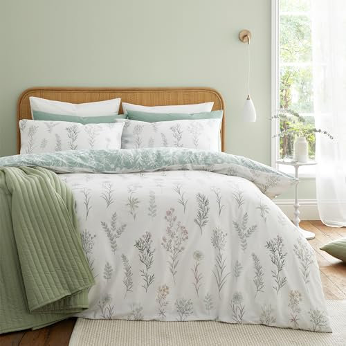 Bianca Wild Flowers 200 Thread Count Cotton Double Duvet Cover Set with Pillowcases Green