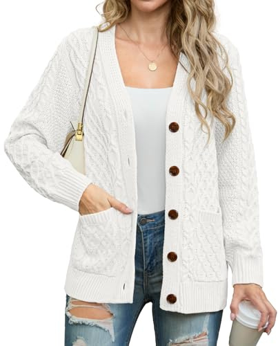 GRECERELLE Womens Cardigans Knit Aran Cable Long Sleeve Button Down Oversized Ladies Jumper Cardigan Knitwear with Pockets for Winter Fall Spring