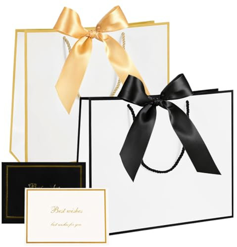 EYVRPAU 2 Pezzi Sacchetti Regalo in Carta con Nastri e Manici, 2 Biglietti di Auguri, Borse per Feste Compleanno Matrimonio Celebrazioni (28x20x10 cm)