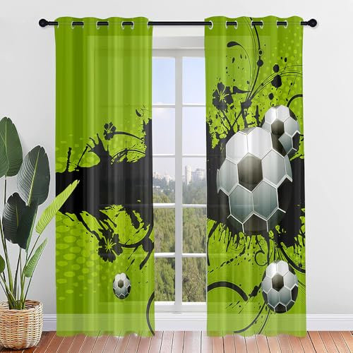 Highdi Voile Vorhänge mit Ösen 2er Set, Transparente Gardinen für Wohnzimmer Ösenschal Halbtransparent Ösenvorhang für Moderne Schlafzimmer (W107 x H160 cm,Grüner Fußball)