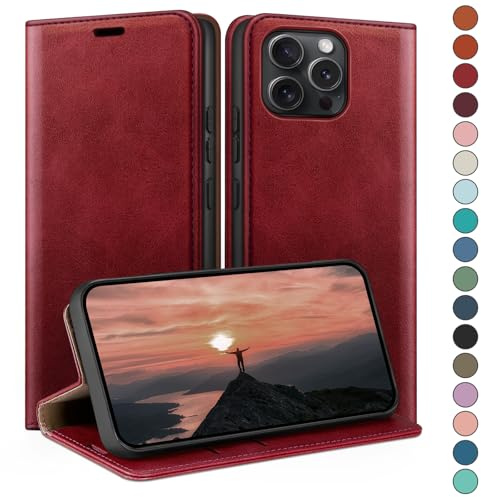 HUOUH für iPhone 14 Pro Max 6.7 Hülle mit RFID Schutzhülle aus Lederhülle Handyhülle,Kartenfach Leder ständer Handy hülle,360 Grad Schutz Cover für Apple 14 Pro Max Klapphülle Wallet Case Rot