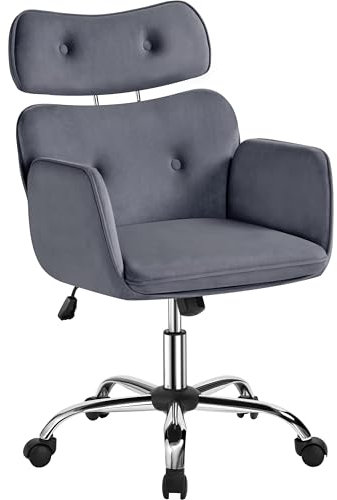 Yaheetech Chaise Bureau en Velours Fauteuil de Bureau avec Repose-tête à roulettes Design Capitonné Ajustable Chaise d'ordinateur Réglable en Hauteur Gris Foncé