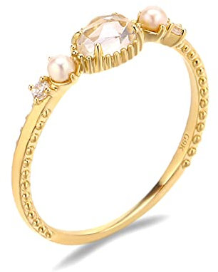 Bishilin Eheringe 750 Gold Damen, Verlobungsringe mit Oval Kristall und Perlen Trauringe Hochzeit Ringe Frauen Nickelfrei Gr.54