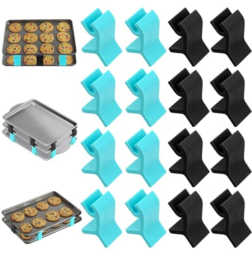 BOYSSPAA 16PCS Half Sheet Baking Sheet Stackers with Silicone & Stainless Steel Clips, Space-Saving Tray Stackers, Reusable Cookie Tray Stacker Clips for Baking Sheet and Freeze Dryer Trays