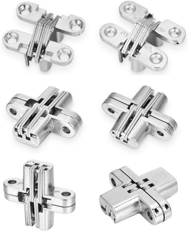 Lpraer Paquete de 6 bisagras ocultas para puerta, bisagra cruzada invisible de 180 grados para puertas, bisagras de gabinete de cocina, acero inoxidable, 0.47 pulgadas de ancho, 1.7 pulgadas de altura