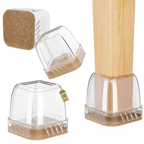 Euqvunn 18pcs Feltrini per Sedie Quadrati, Gommini per Sedie in Silicone con Feltro, Trasparente Tappi Proteggi Gambe per Mobili, Protezione per Gambe Delle sedie per Antigraffio 14-19mm