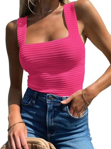 TrendiMax Débardeur en Tricot pour Femme Col carré sans Manches Coupe ajustée Gilet de Plage Débardeur décontracté, Rose, M