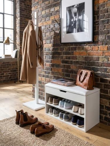 KADIMA DESIGN Schuhbank mit Sitzfläche Weiß Garderoben-Bank Holz 60 x 40 x 30 cm | Holzbank klein gepolstert | Sitzbank schmal Flur mit Stauraum | Truhenbank Schuhtruhe Flurmöbel
